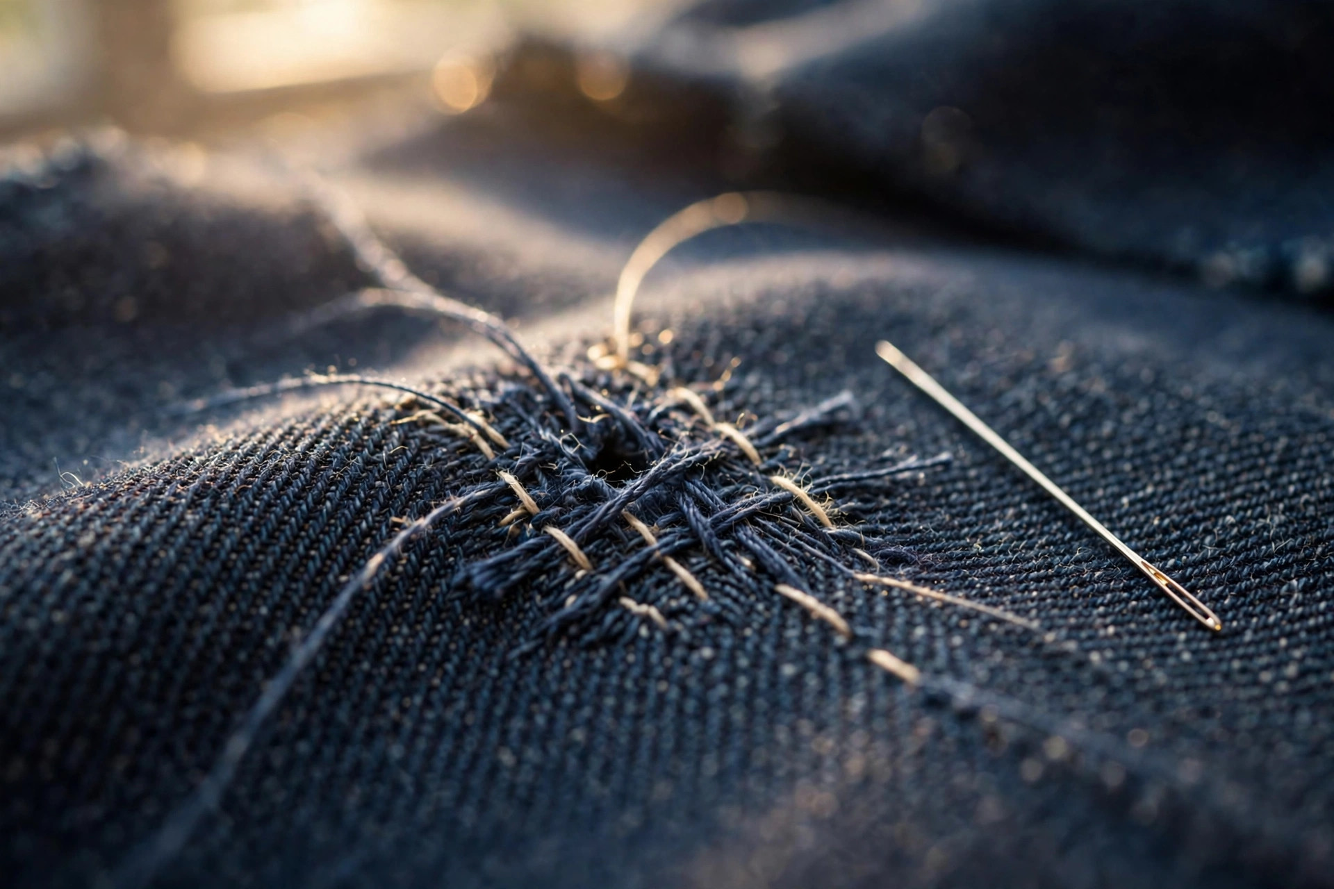 A moth hole in denim being invisibly rewoven, threads worked back into the twill