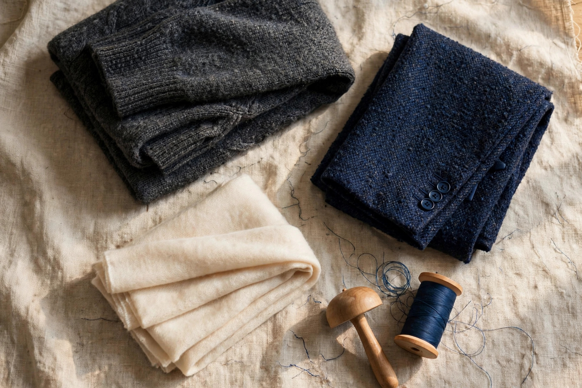 Folded wool, tweed, and cashmere garments arranged with reweaving tools