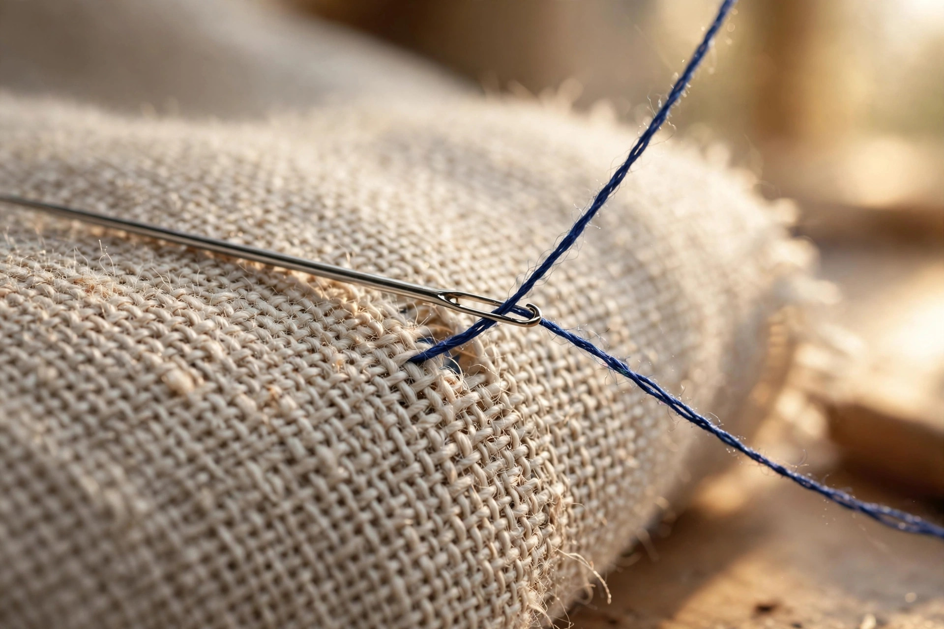 A reweaving needle pulling indigo thread through natural linen, warp and weft visible